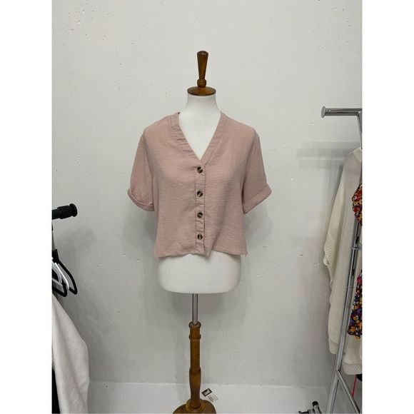 Pink front button flowy cute casual semi-cropped top medium 6 - Picture 2 of 9
